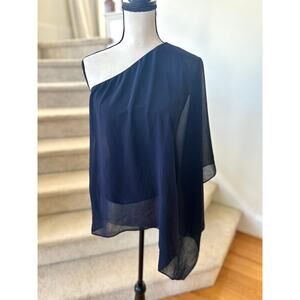 Analili Navy Blue Silk One Shoulder Draped Tank Blouse